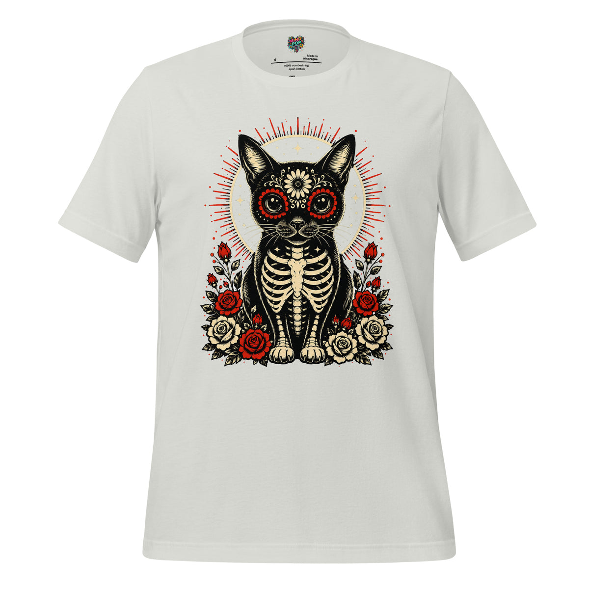 Day of the Dead Cat Skeleton Sugar Skull Tee - tshirt - MindPop Threads - Silver - 2XL - 1534079_4150