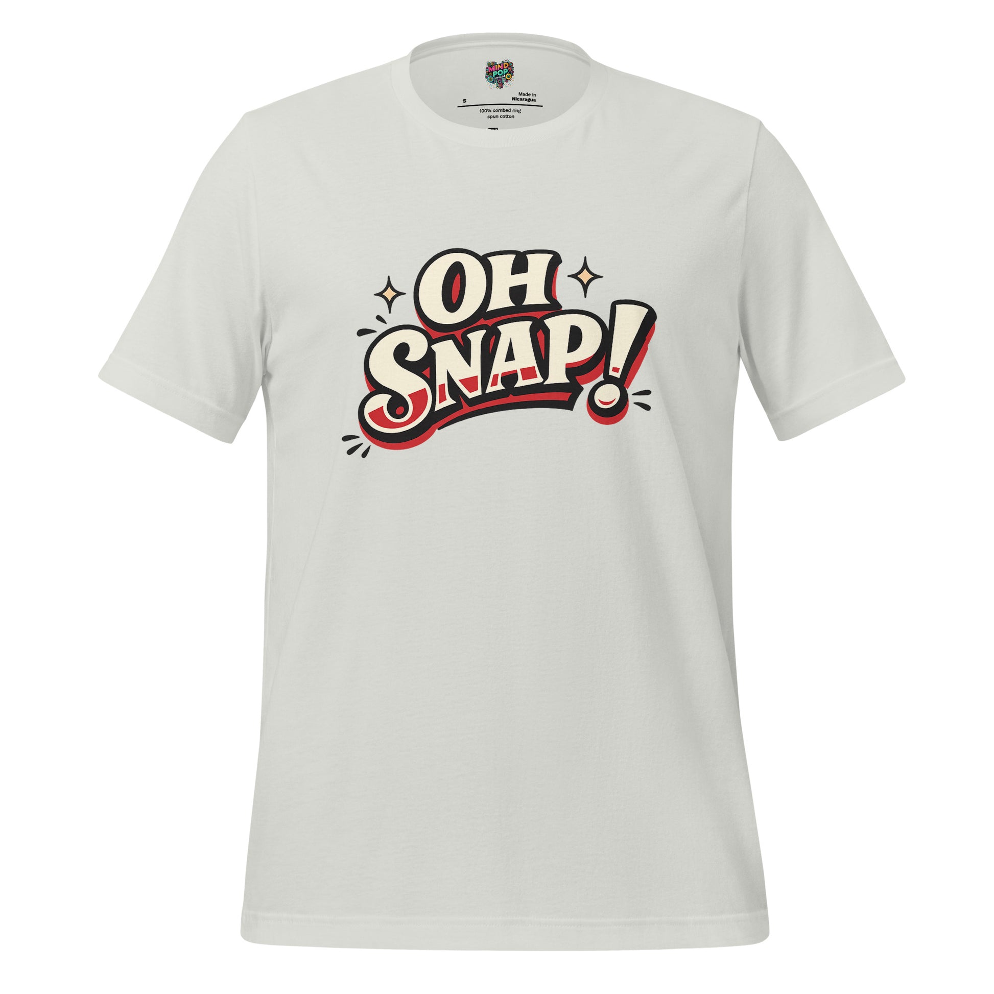 White graphic statement T-shirt with bold "OH SNAP!" typography