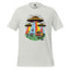 A light gray crewneck t-shirt featuring a colorful retro graphic of three UFOs with rainbow beams of light, a yellow car, and cows on a grassy field.