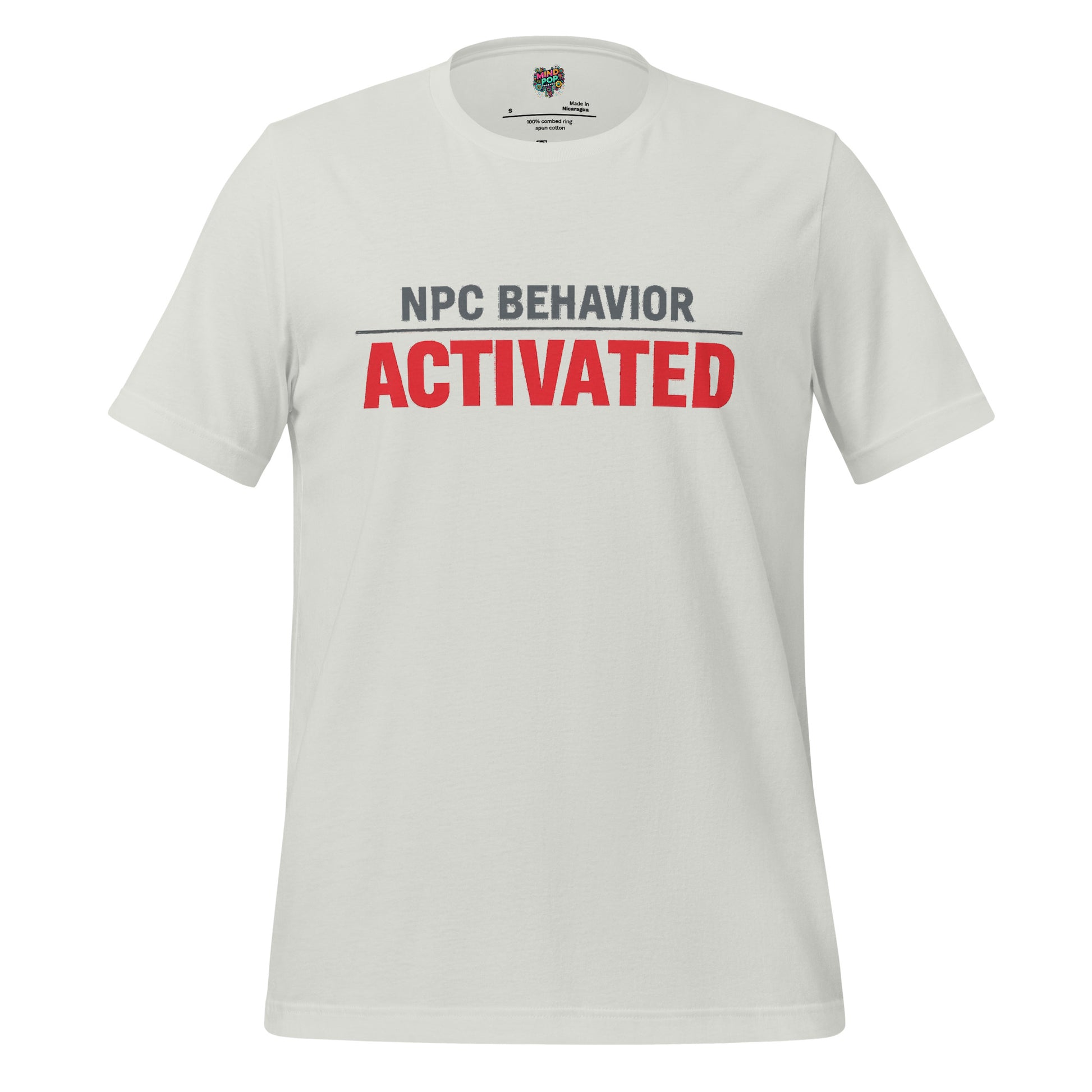A light gray crewneck t-shirt featuring the text 'NPC BEHAVIOR' in dark gray and 'ACTIVATED' in bold red across the chest, displayed on a clean white background.