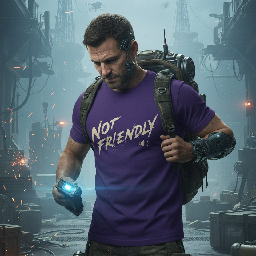 Not Friendly Arc Raiders shirt on a man in a post apocalyptic scene
