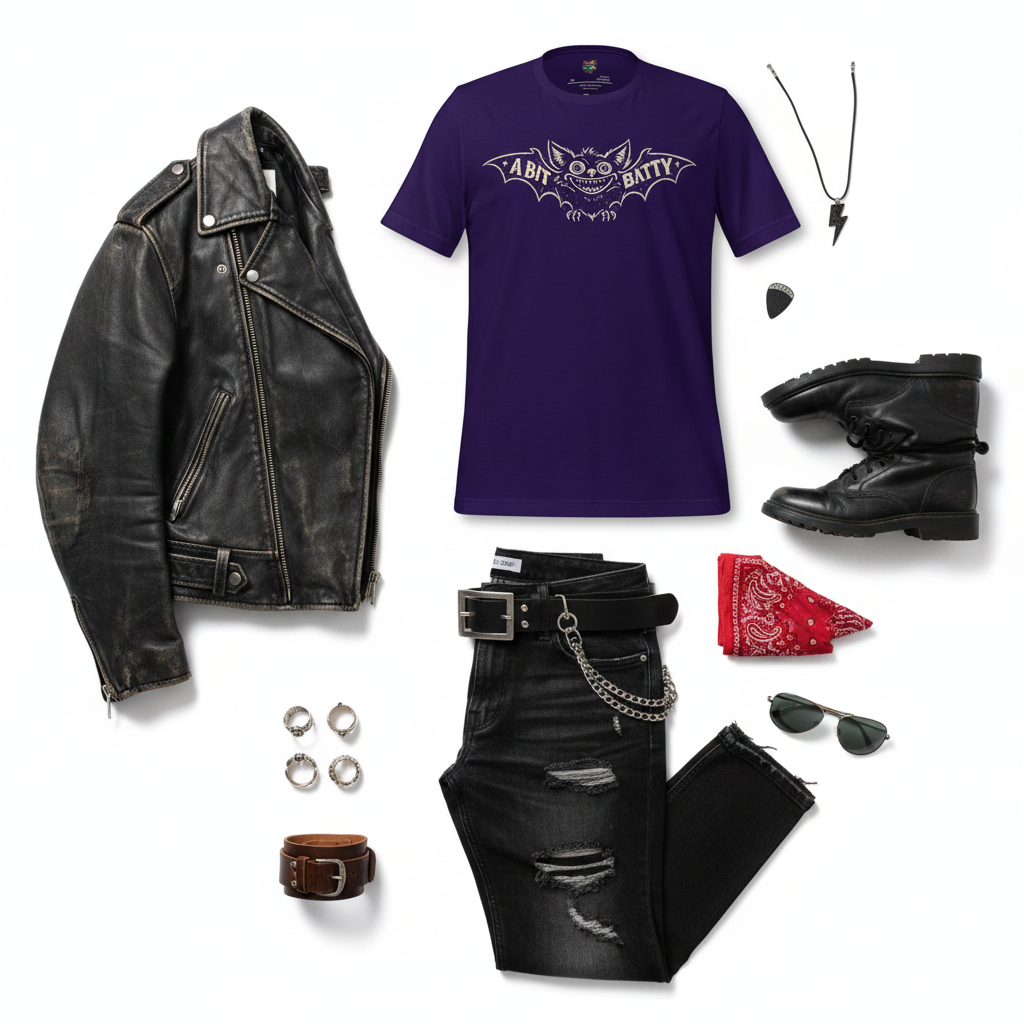A flat lay of a gothic biker outfit featuring a purple graphic t-shirt, a distressed black leather jacket, black ripped jeans, black boots, a black belt with a silver chain, a red bandana, sunglasses, rings, and a necklace on a white background.