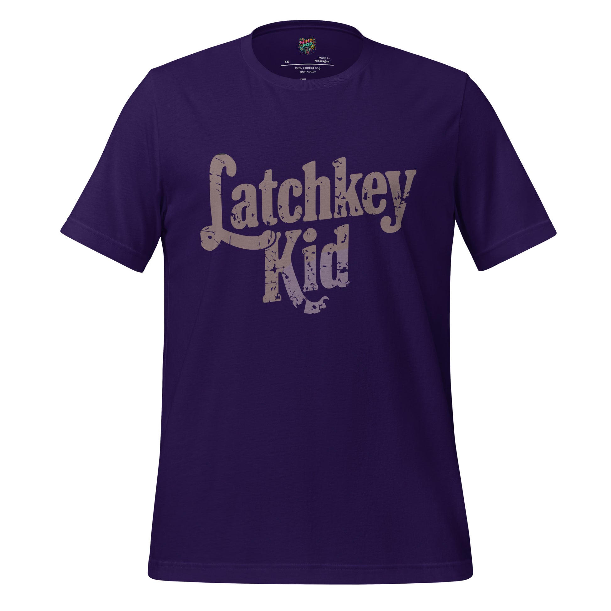 Kids T-shirt, team purple, front graphic logo in distressed brown