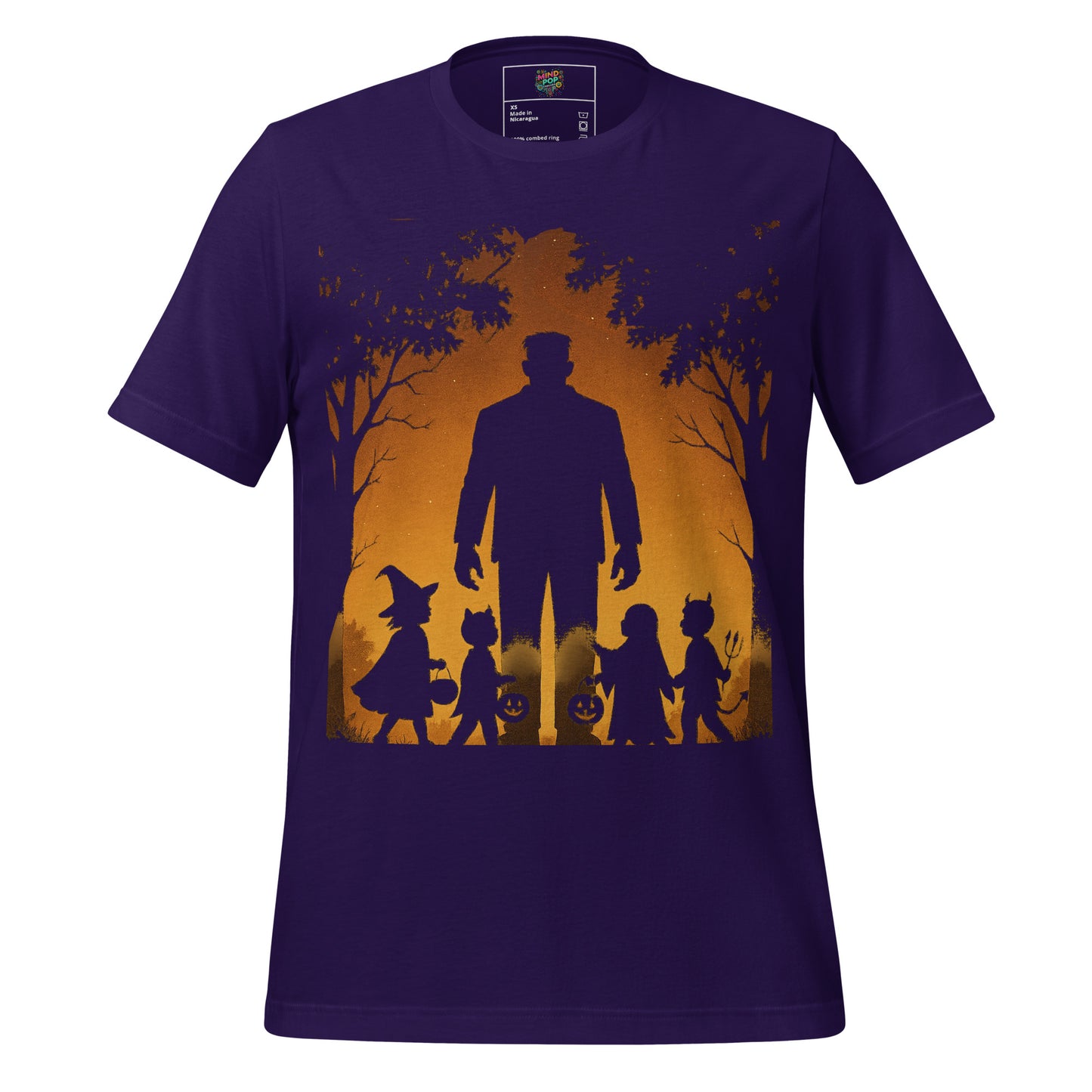 A dark purple short-sleeve t-shirt with a Halloween-themed graphic print on the front. The graphic features a silhouette of a man and children against an orange and yellow autumn tree background.