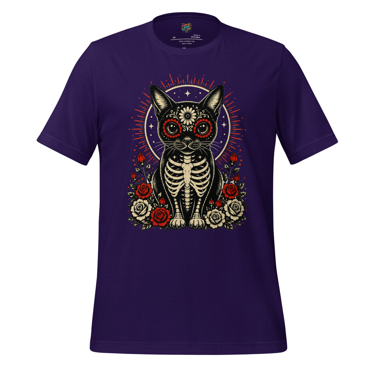 Day of the Dead sugar skull cat skeleton graphic tee in Team Purple