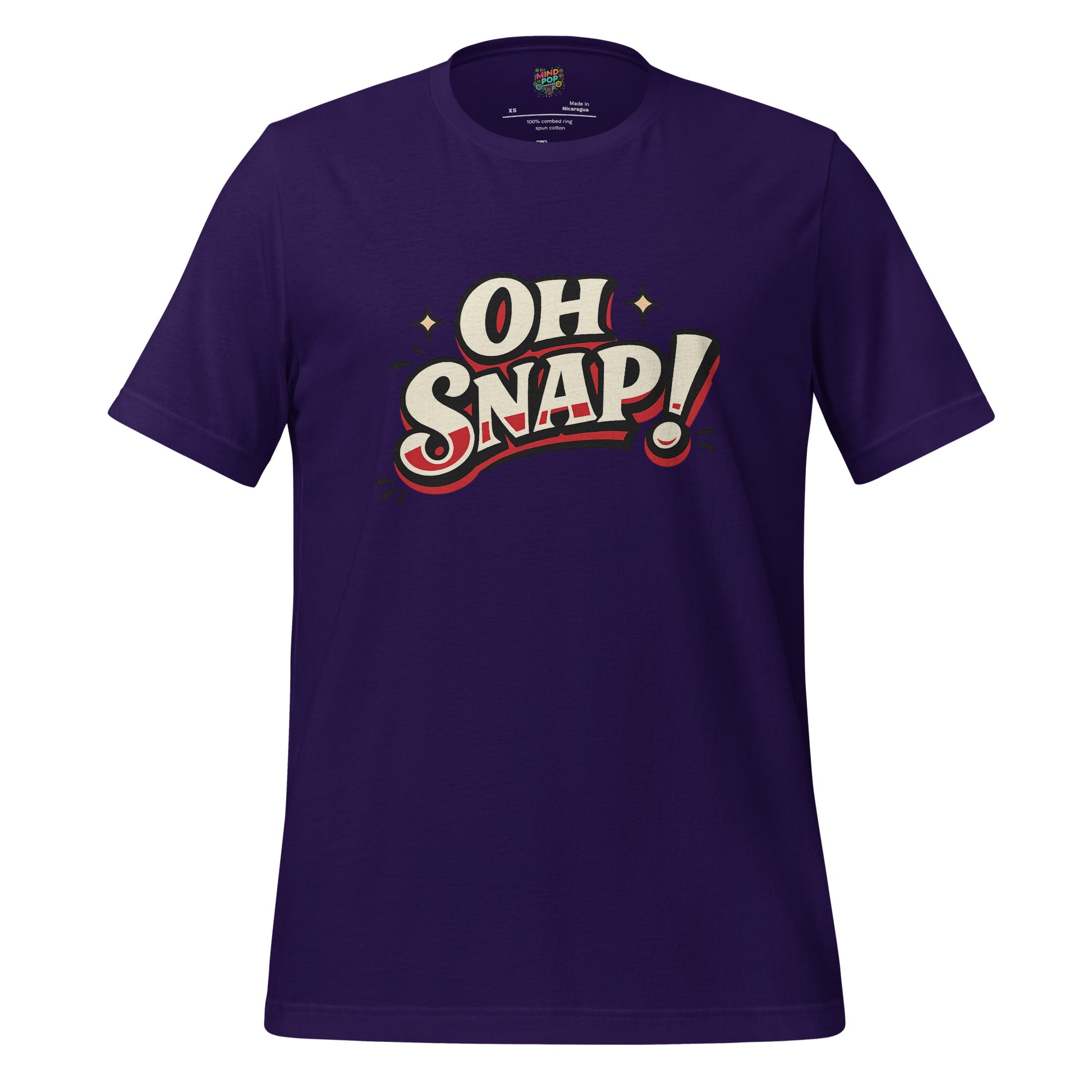 Purple graphic statement T-shirt with bold "OH SNAP!" typography