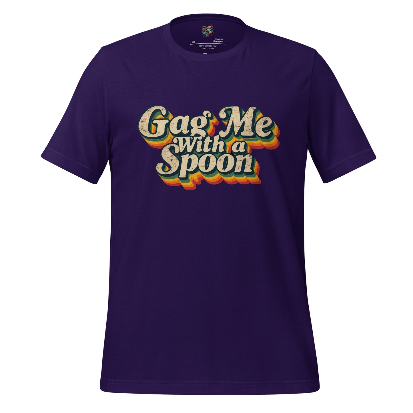 Navy purple graphic slogan t-shirt with 'Gag Me with a Spoon' front print