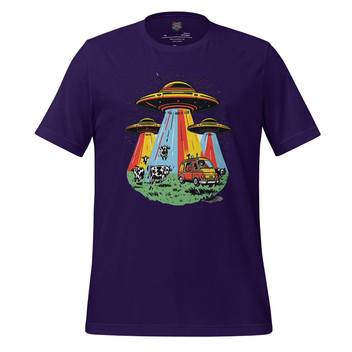A dark purple short-sleeve crewneck t-shirt featuring a colorful retro graphic of UFOs, cowboys, and a station wagon under rainbow beams of light.