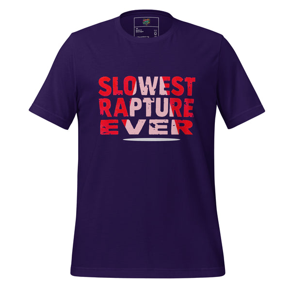 A dark purple short-sleeve t-shirt with a graphic text print on the chest reading 'SLOWEST RAPTURE EVER' in red and white distressed lettering, displayed on a solid white background.