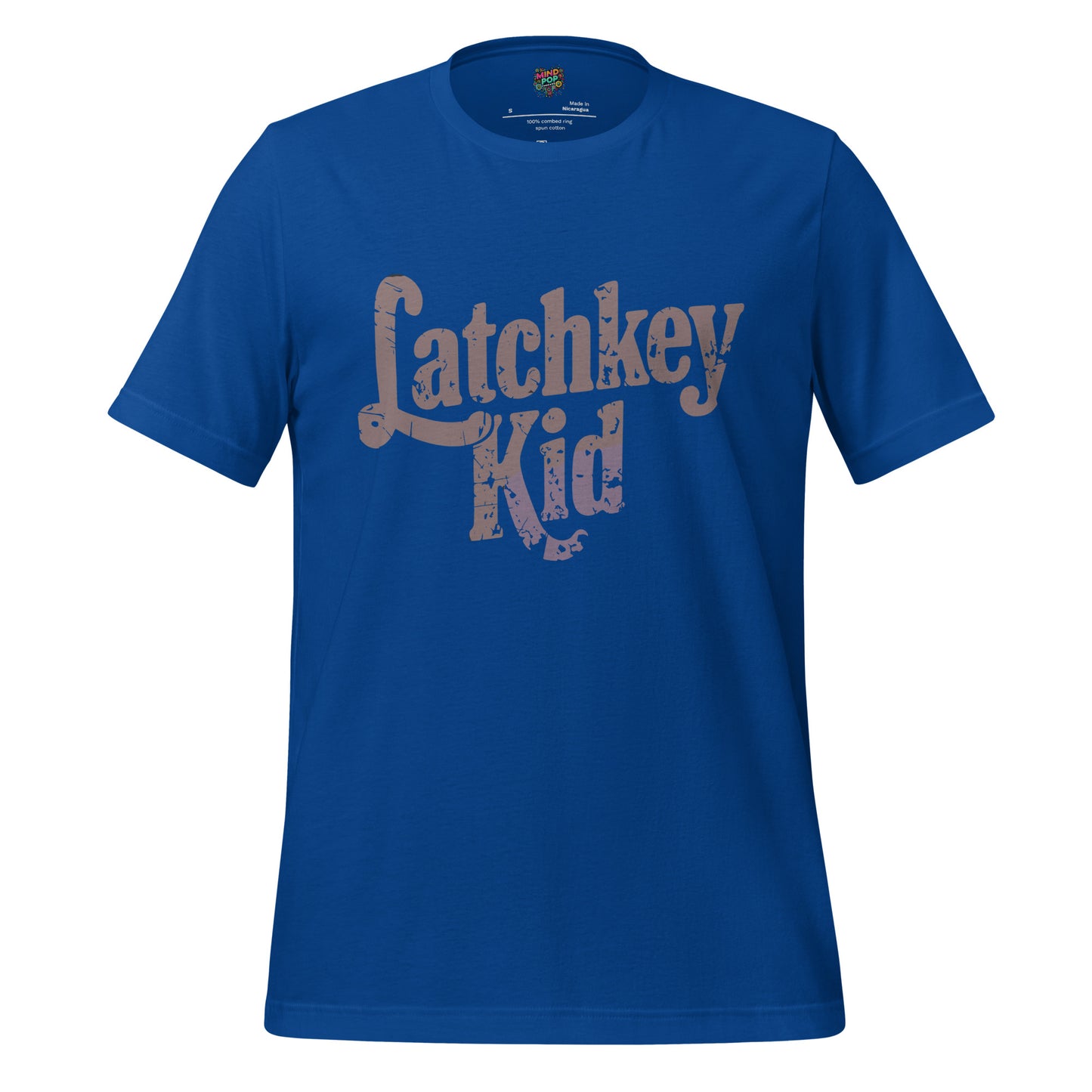 Kids T-shirt, true royal blue, front graphic logo in distressed brown