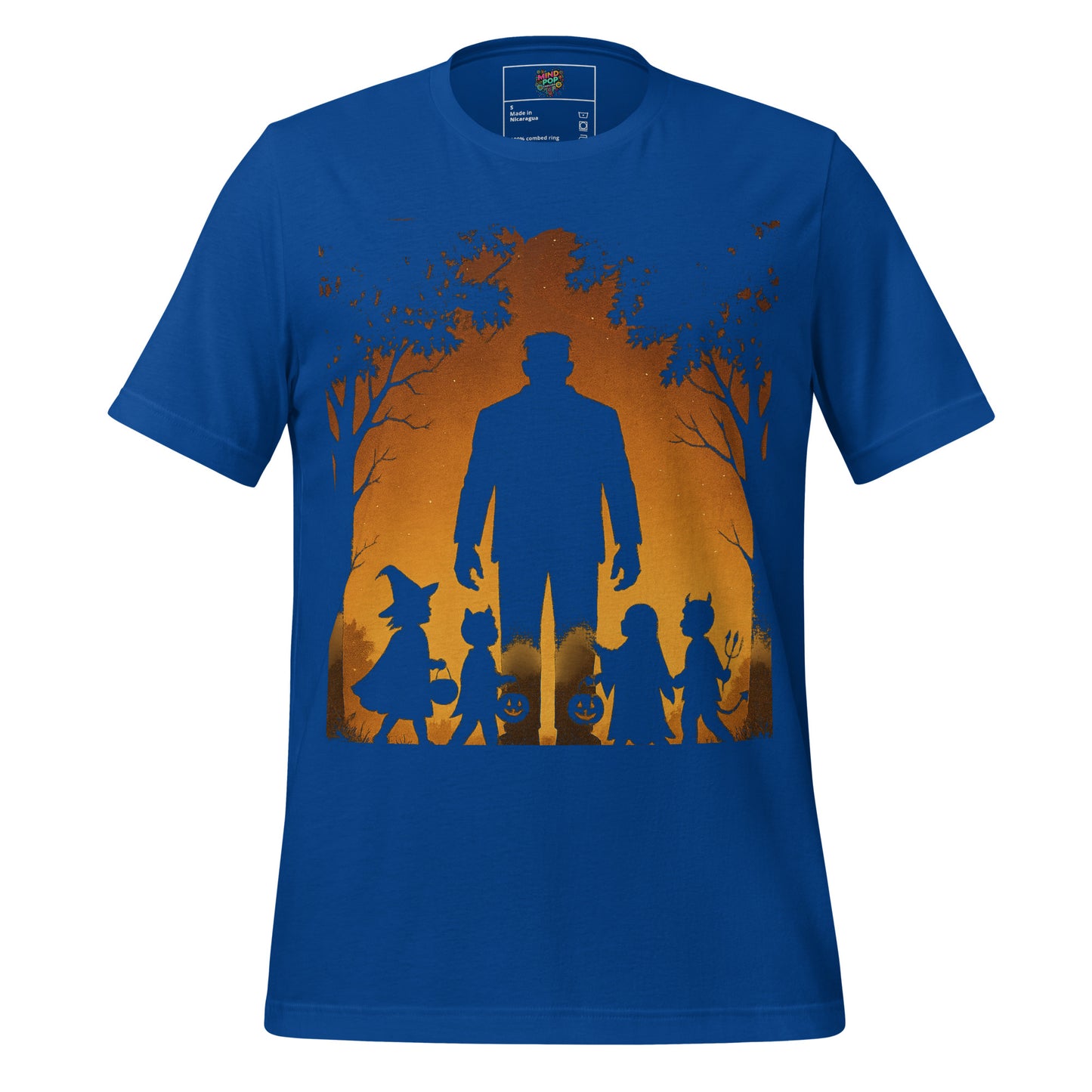 A royal blue short-sleeve crewneck t-shirt featuring a Halloween-themed graphic print on the front. The print shows a large dark blue silhouette of a man standing with a group of children, set against a warm orange and brown autumn tree silhouette background.
