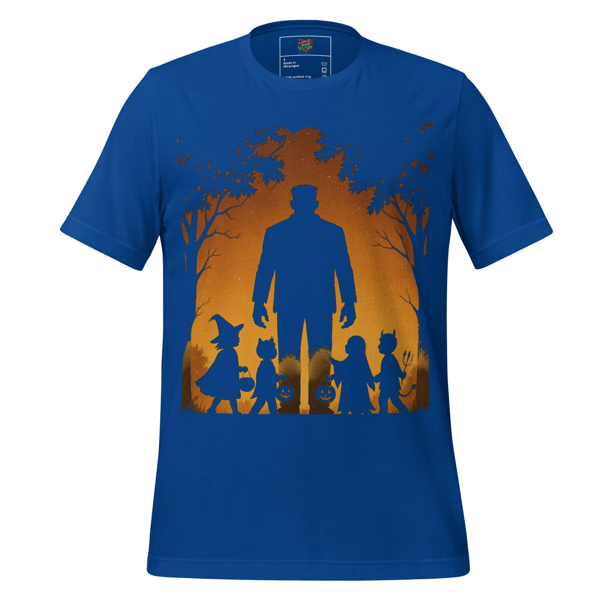 A royal blue short-sleeve crewneck t-shirt featuring a Halloween-themed graphic print on the front. The print shows a large dark blue silhouette of a man standing with a group of children, set against a warm orange and brown autumn tree silhouette background.