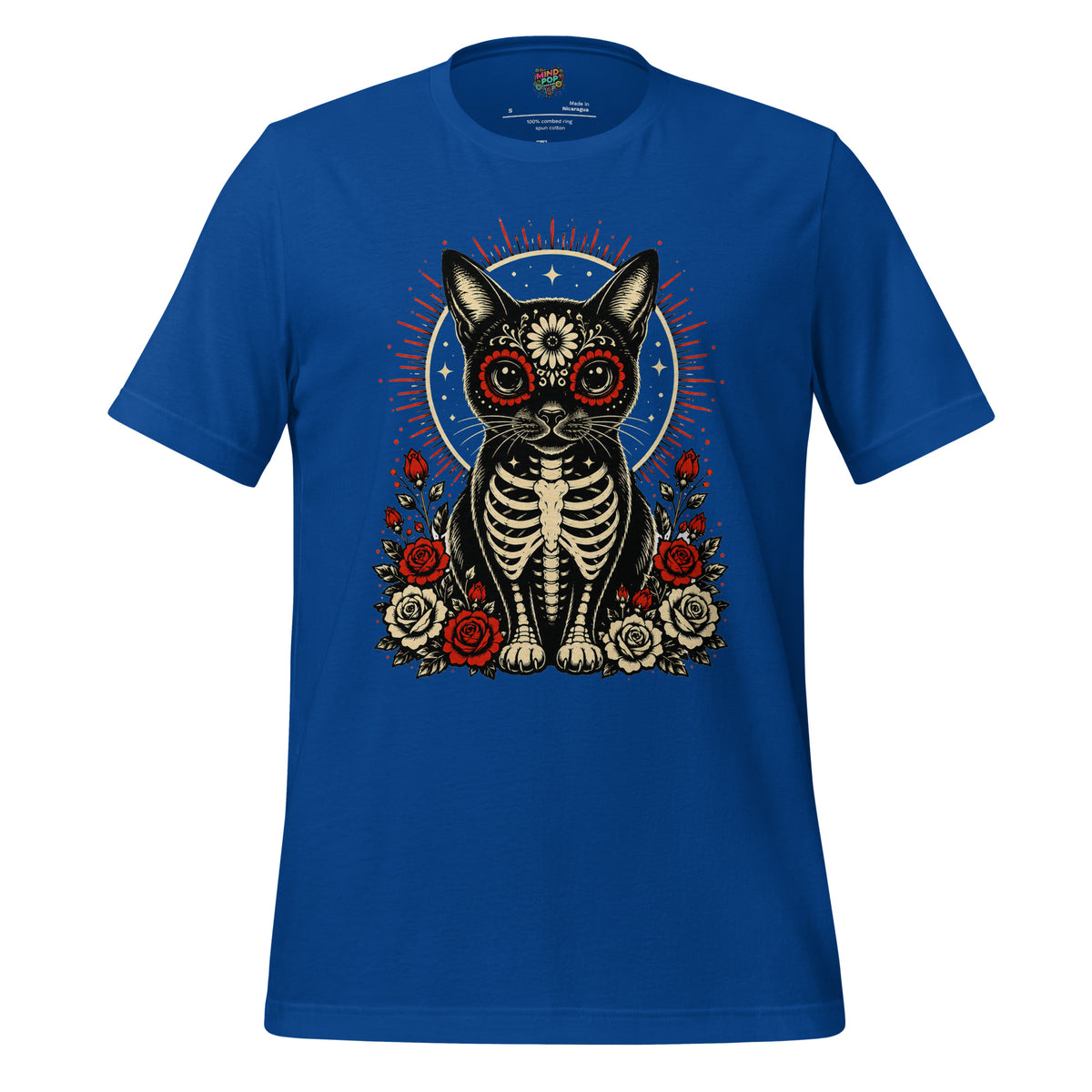Day of the Dead sugar skull cat skeleton graphic tee in True Royal