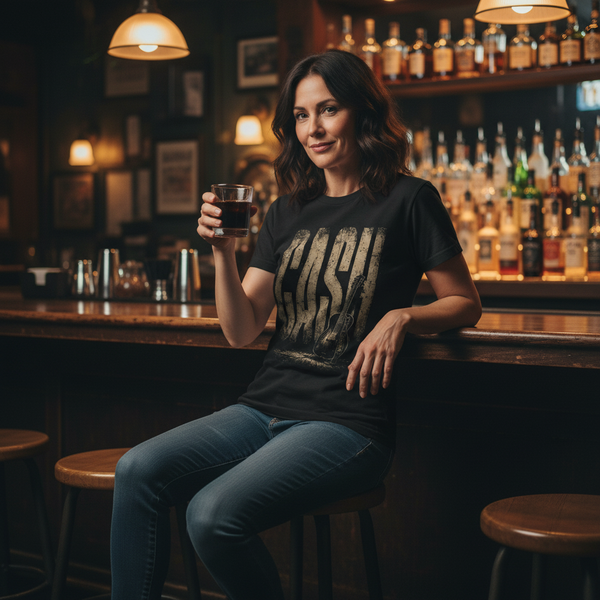 A woman sitting at a bar counter wearing a black graphic t-shirt with a distressed beige 'CASH' print and blue jeans, holding a glass of dark beer. The background shows a warmly lit bar interior with shelves of liquor bottles and hanging lamps.
