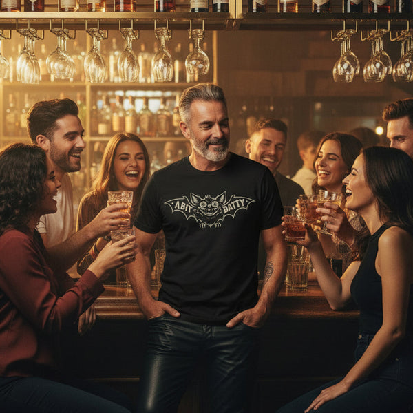 ban wearig a bit batty shirt at the bar