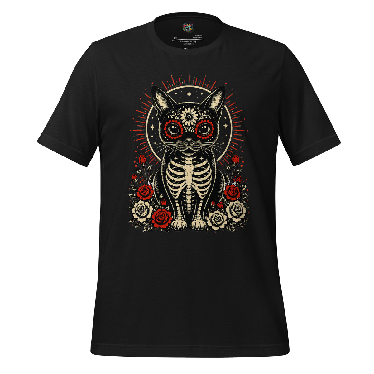 Day of the Dead sugar skull cat skeleton graphic tee in Vintage Black
