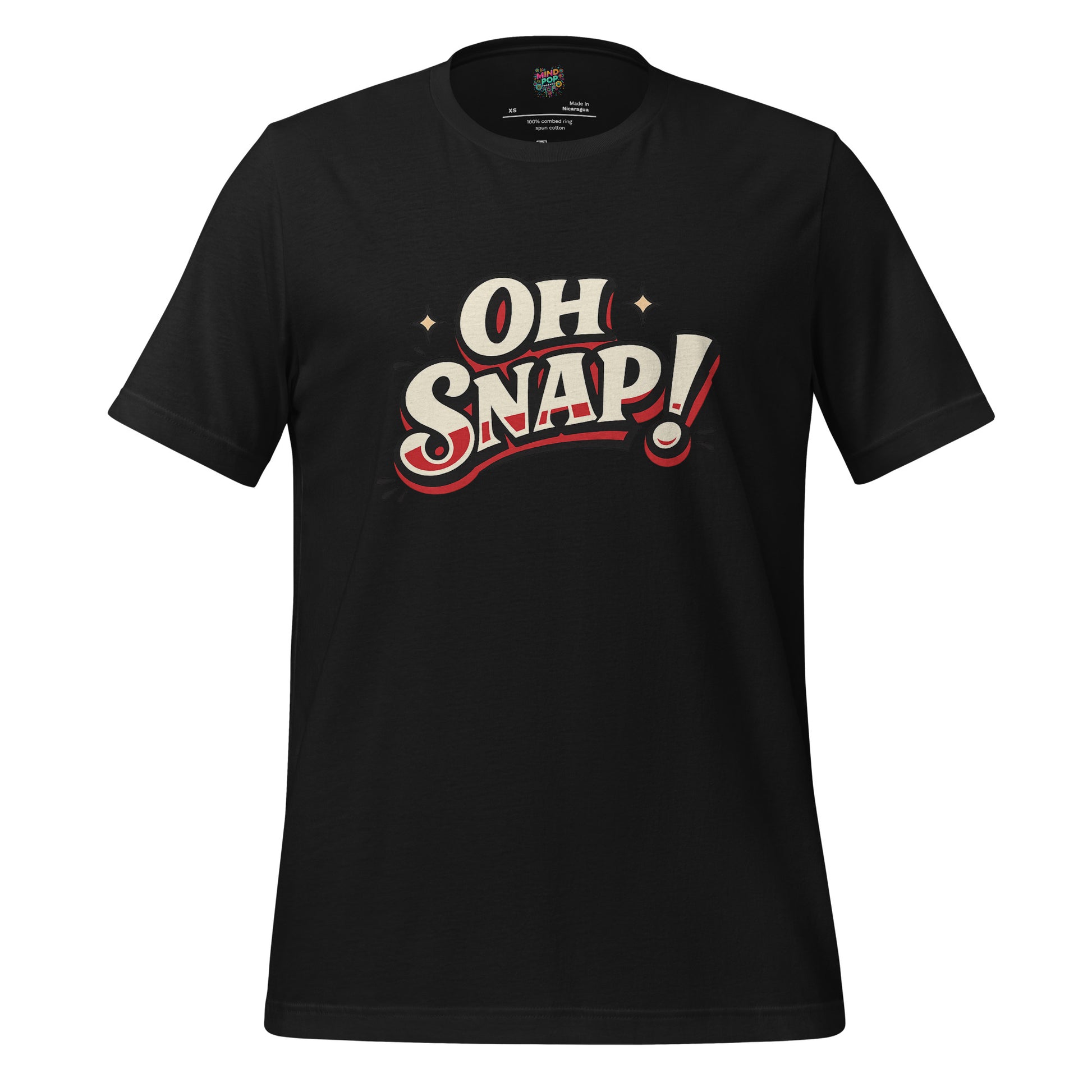 Black graphic statement T-shirt with bold "OH SNAP!" typography