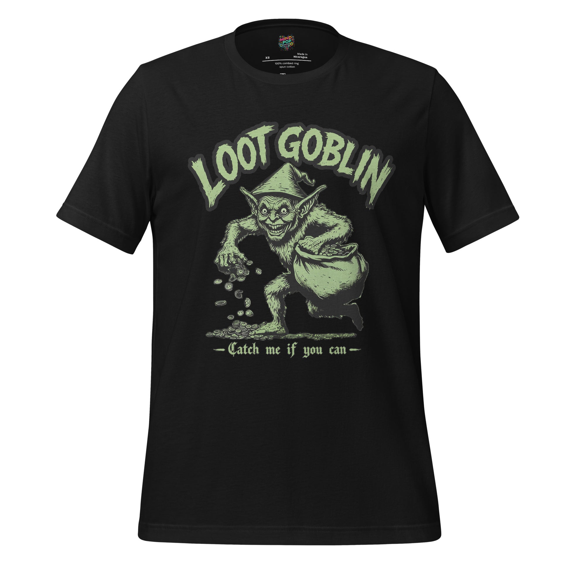 A black short-sleeve crewneck t-shirt featuring a green graphic of a goblin holding a sack, with the text 'LOOT GOBLIN' above and 'Catch me if you can' below.