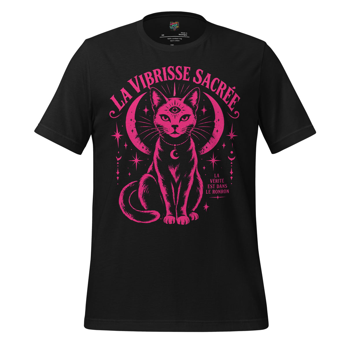 Black t-shirt with a red car graphic and french text sacred cat cult