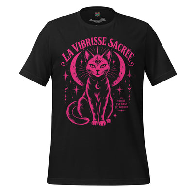 Black t-shirt with a red car graphic and french text sacred cat cult