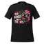 A black short-sleeve crewneck t-shirt featuring a bold graphic print on the front. The design includes the text 'NO KINGS NO TYRANTS' in a distressed white font, a snarling pitbull dog illustration, a pink crown, and a stylized American flag with pink and white stripes and black stars.