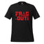 A black short-sleeve crewneck t-shirt featuring a bold red graphic on the chest that reads 'FRAG .OUT' with a grenade icon, displayed on a clean white background.
