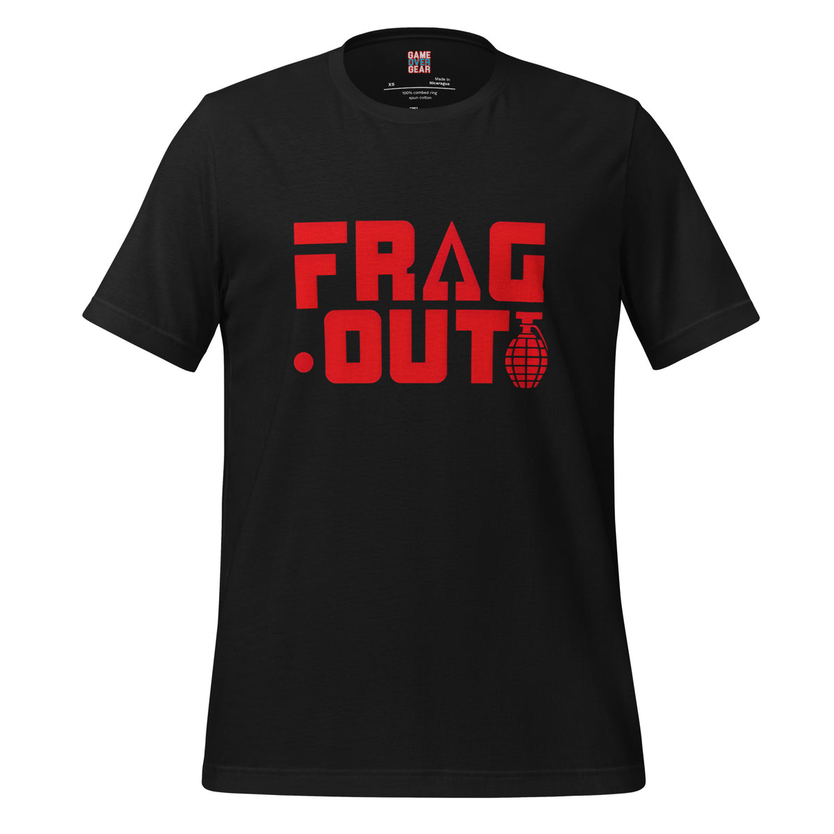 A black short-sleeve crewneck t-shirt featuring a bold red graphic on the chest that reads 'FRAG .OUT' with a grenade icon, displayed on a clean white background.