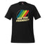 A black short-sleeve t-shirt with a retro graphic on the chest featuring diagonal stripes in blue, green, yellow, and red, above the text 'ARE YOU FRIENDLY?' in a distressed cream font.