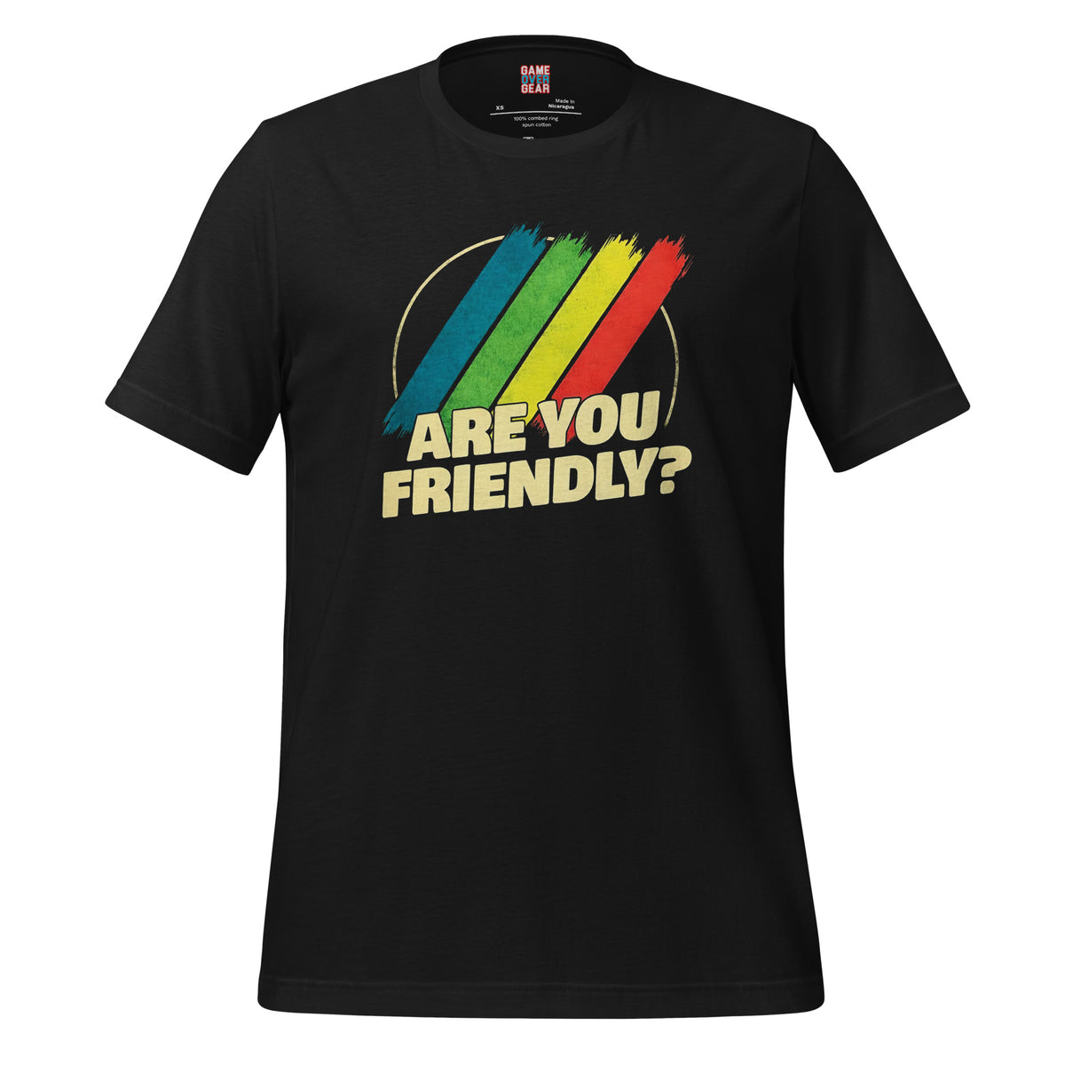 A black short-sleeve t-shirt with a retro graphic on the chest featuring diagonal stripes in blue, green, yellow, and red, above the text 'ARE YOU FRIENDLY?' in a distressed cream font.