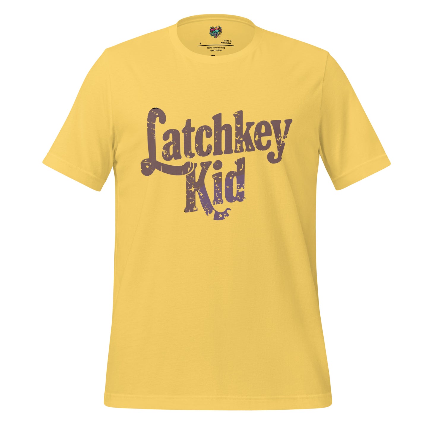 Kids T-shirt, yellow, front graphic logo in distressed brown