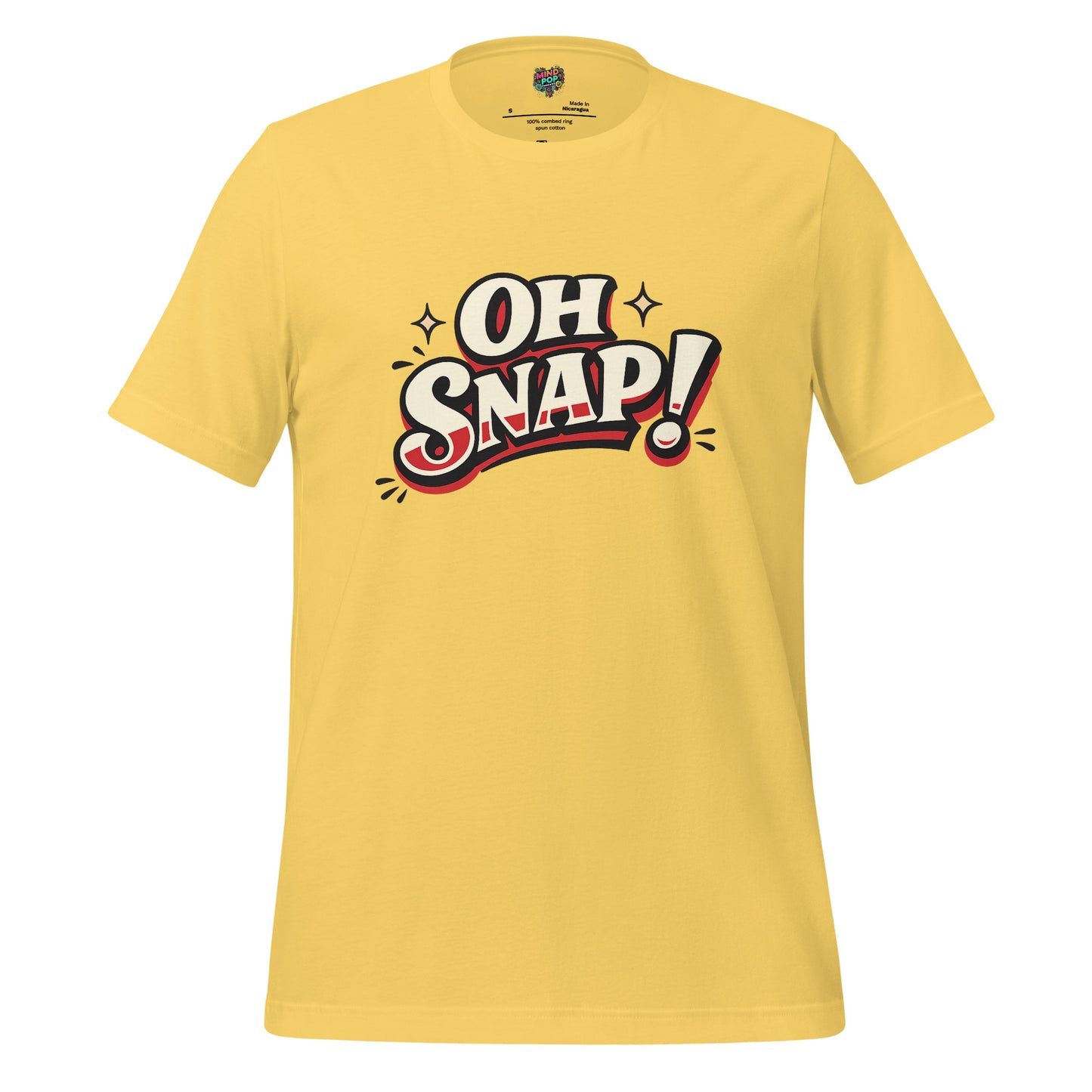 Yellow graphic statement T-shirt with bold "OH SNAP!" typography