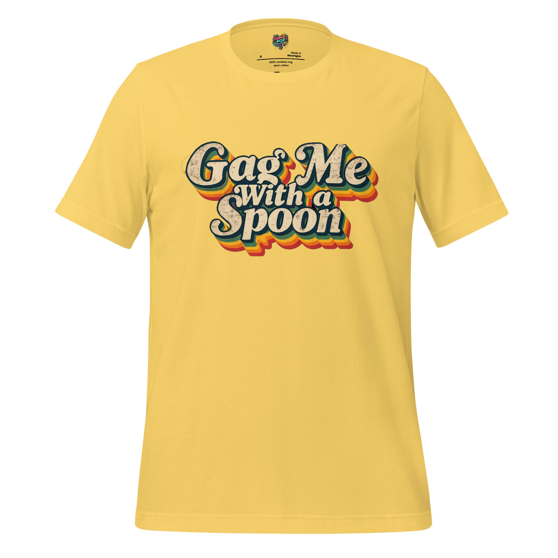 Yellow graphic slogan t-shirt with 'Gag Me with a Spoon' front print