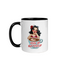 A white ceramic mug with a black handle and interior, featuring a retro pin-up style illustration of a woman with a red rose and the text 'PERK UP BUTTERCUP' above a coffee cup. The mug sits on a round wooden table with a blurred green garden background.