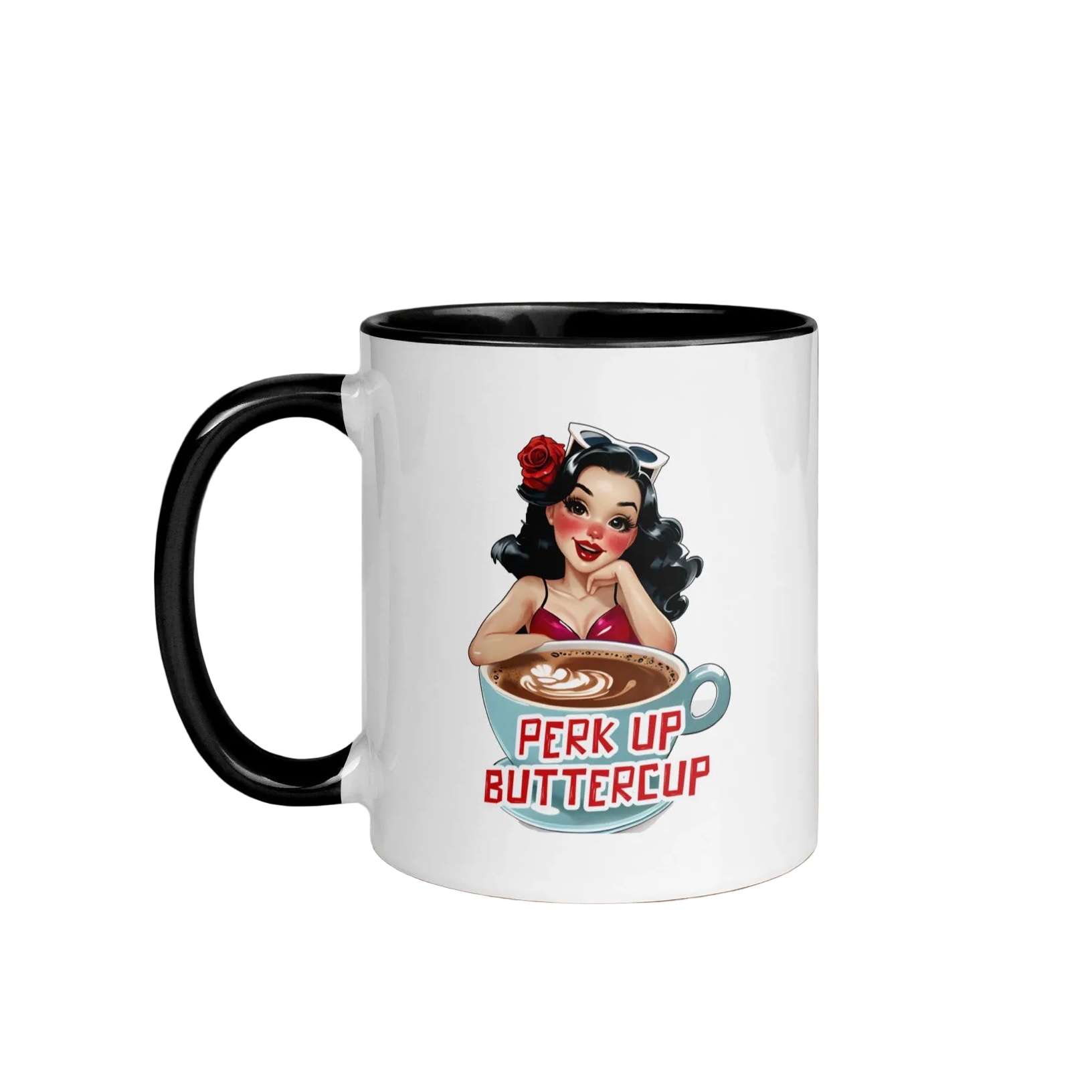 A white ceramic mug with a black handle and interior, featuring a retro pin-up style illustration of a woman with a red rose and the text 'PERK UP BUTTERCUP' above a coffee cup. The mug sits on a round wooden table with a blurred green garden background.