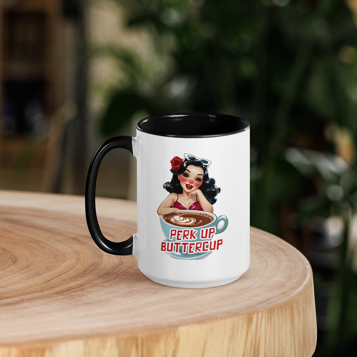 Perk Up Buttercup mug in Black, 15 oz